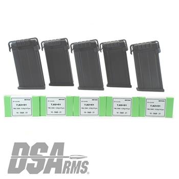 100 Rounds Sellier & Bellot 7.62X51mm Ammunition & 5 Pack of DS Arms Polymer 20 Round Metric FAL Magazines